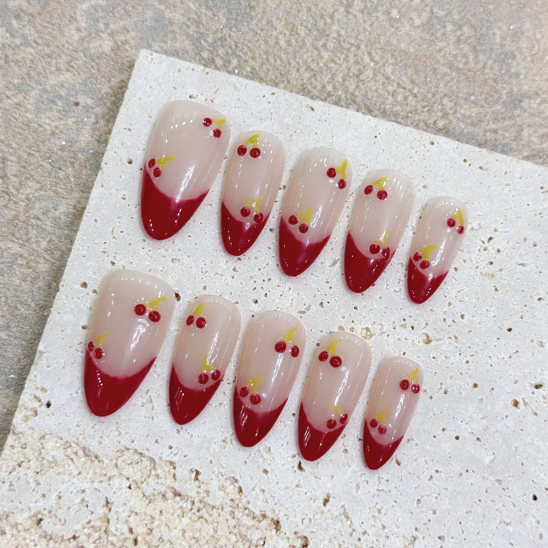 Hand-painted cherry french nails-press on nails 