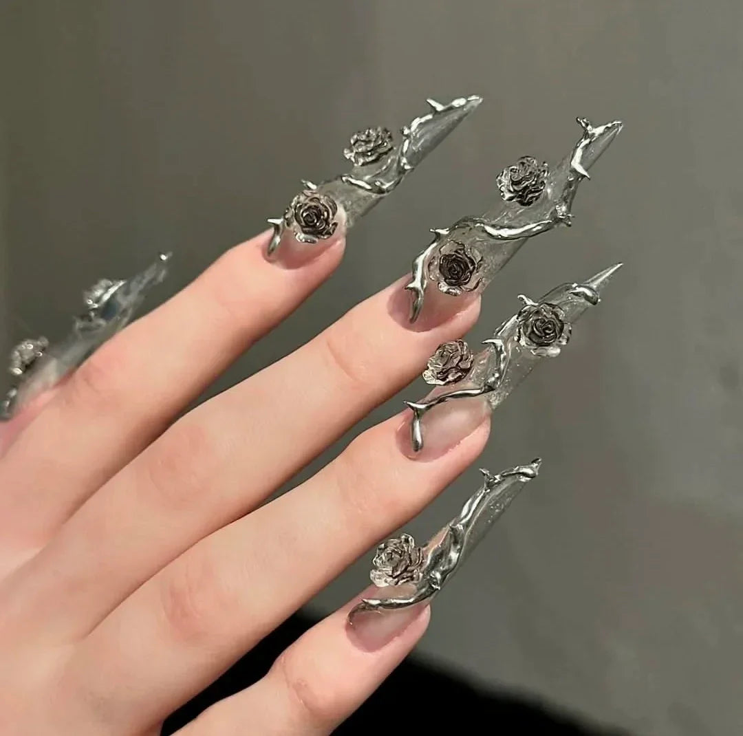 Silver Vine Goth nails-press on nails 