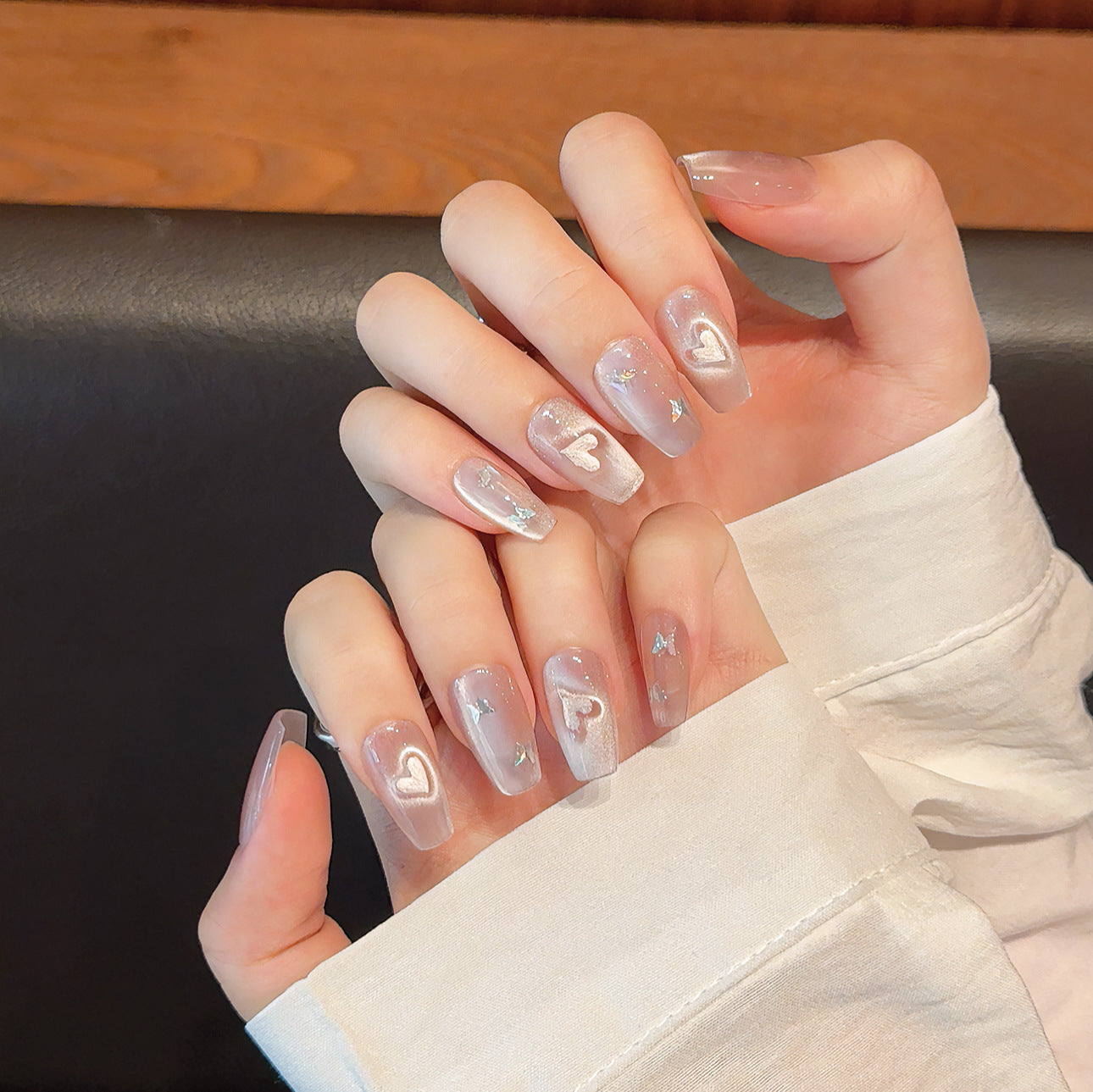 White peach cat eye nails-press on nails 