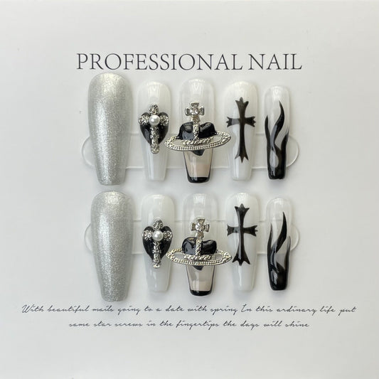 White Gothic Cross nails-press on nails 